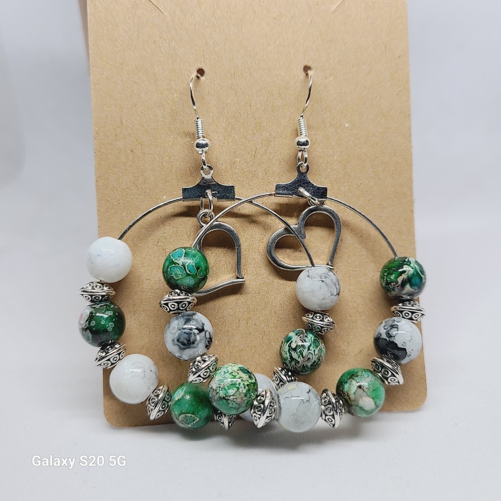 Hoopโ Earrings Green White Round Beads Heart Charm Silver Tone Dangle Handmade
